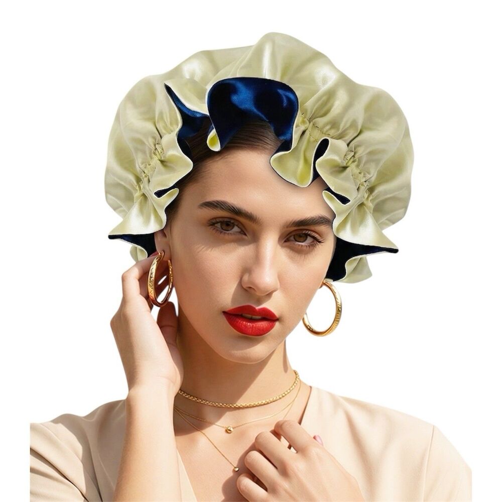 Reversible Satin Sleep Bonnet Hat – Navy & Yellow – Extra Large, Elastic Fit - Picture 2 of 16